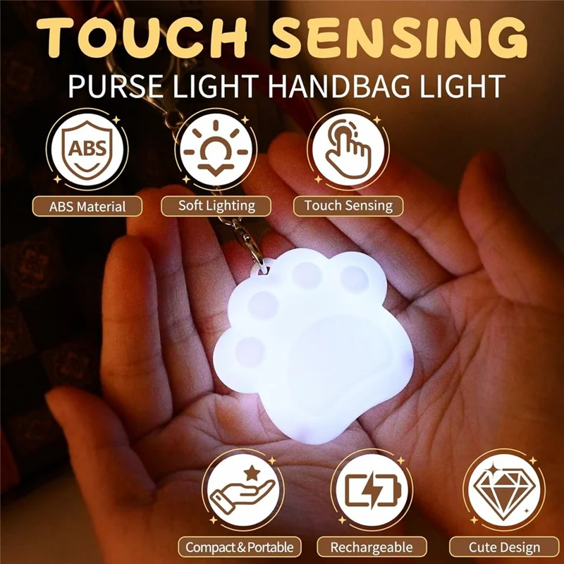 LED Touch Sensor Keychain Light USB-C Rechargeable Purse Handbag Light for Finding Items - Paw  /  White