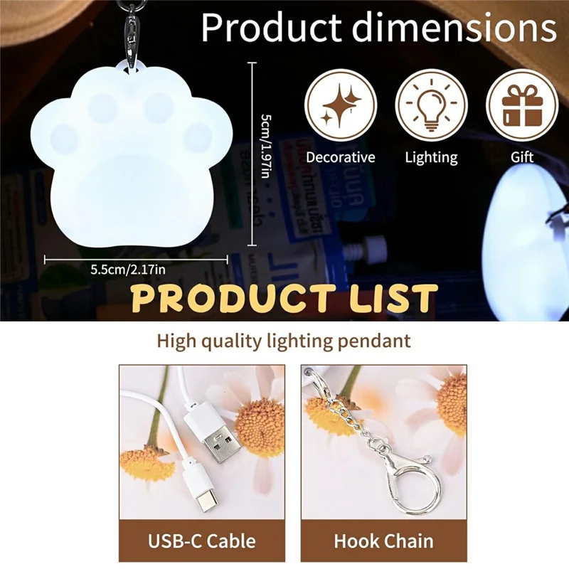 LED Touch Sensor Keychain Light USB-C Rechargeable Purse Handbag Light for Finding Items - Paw  /  White