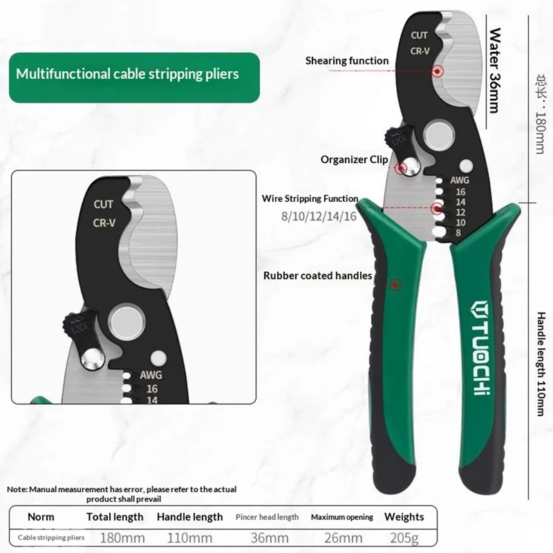 TUOCHI Alicates Multifuncionales para Pelar Cables 8-16 AWG Cortacables Herramienta de Engarce Alicates para Trabajo Eléctrico - 8 Pulgadas