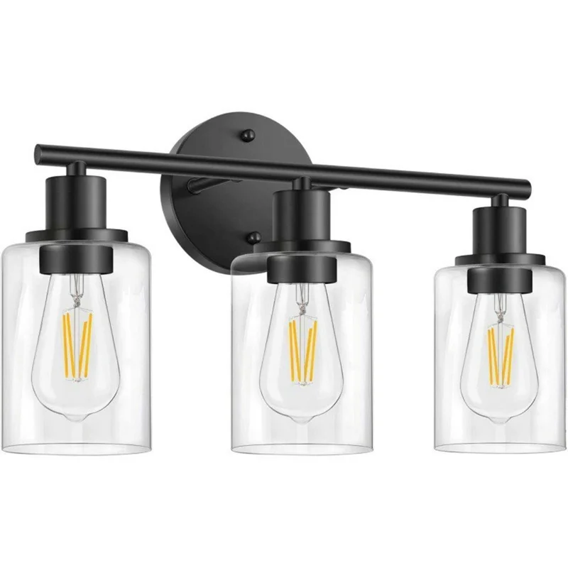 Applique murale à 3 lampes avec 3 pièces d'ampoules, verre transparent, douille E26/E27, lampe murale en métal pour miroir de salle de bain - Noir / prise UE