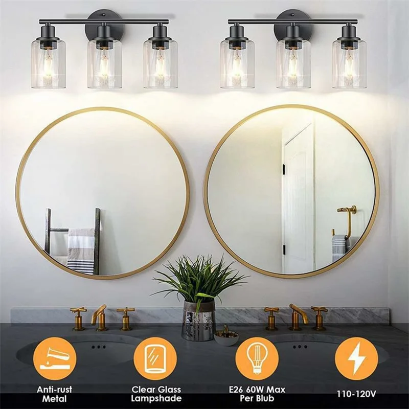 Applique murale à 3 lampes avec 3 pièces d'ampoules, verre transparent, douille E26/E27, lampe murale en métal pour miroir de salle de bain - Noir / prise UE