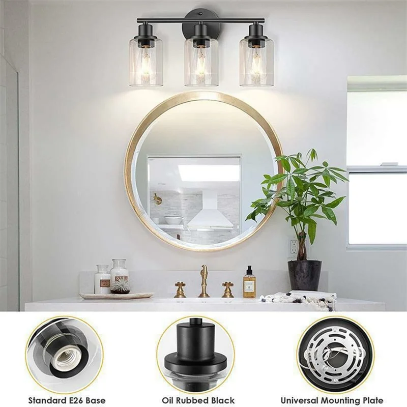 Applique murale à 3 lampes avec 3 pièces d'ampoules, verre transparent, douille E26/E27, lampe murale en métal pour miroir de salle de bain - Noir / prise UE