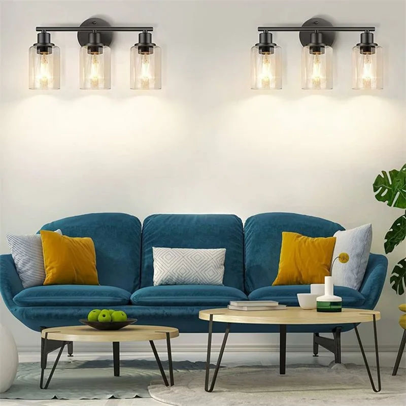 Applique murale à 3 lampes avec 3 pièces d'ampoules, verre transparent, douille E26/E27, lampe murale en métal pour miroir de salle de bain - Noir / prise UE