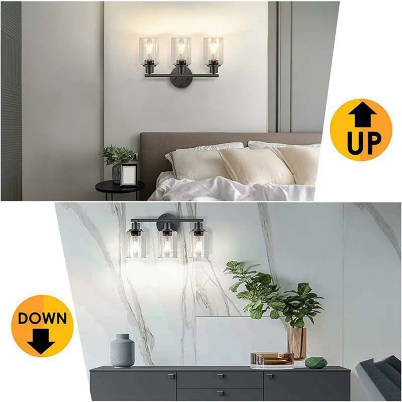 Applique murale à 3 lampes avec 3 pièces d'ampoules, verre transparent, douille E26/E27, lampe murale en métal pour miroir de salle de bain - Noir / prise UE