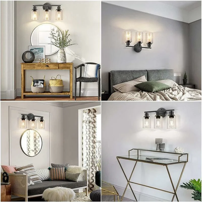 Applique murale à 3 lampes avec 3 pièces d'ampoules, verre transparent, douille E26/E27, lampe murale en métal pour miroir de salle de bain - Noir / prise UE