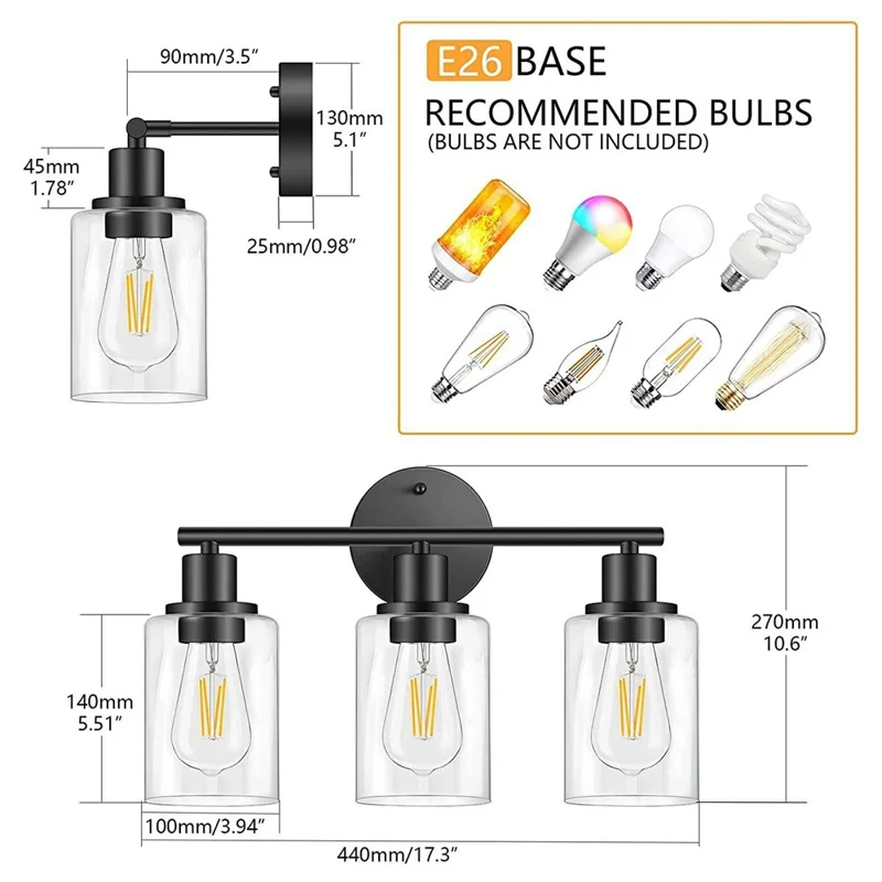 Applique murale à 3 lampes avec 3 pièces d'ampoules, verre transparent, douille E26/E27, lampe murale en métal pour miroir de salle de bain - Noir / prise UE