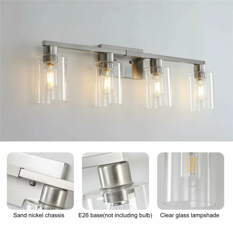 4-Licht Wandarmatuur Duidelijk Glas E26 Universele Sockel Omkeerbare Montage Warme Verlichting voor Badkamerspiegel
