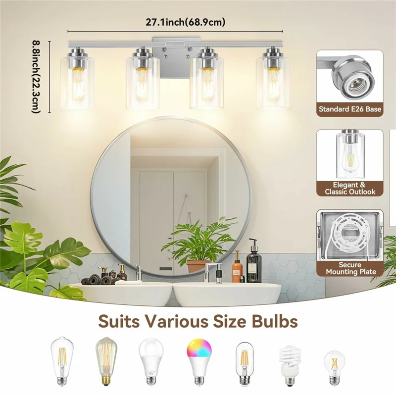 4-Licht Wandarmatuur Duidelijk Glas E26 Universele Sockel Omkeerbare Montage Warme Verlichting voor Badkamerspiegel