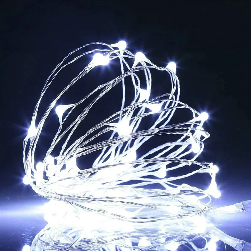 Guirlande lumineuse en fil de cuivre 5 m 50 LED, lampe à piles avec boîte à piles vide pour décoration de Noël, mariage, fête - Blanc