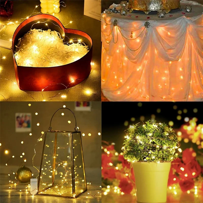 10 pièces de guirlandes lumineuses en fil de cuivre fonctionnant avec piles bouton 2 m 20 LED, lampe féerique pour décoration DIY - blanc chaud