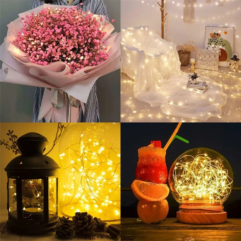 10 pièces de guirlandes lumineuses en fil de cuivre fonctionnant avec piles bouton 2 m 20 LED, lampe féerique pour décoration DIY - blanc chaud