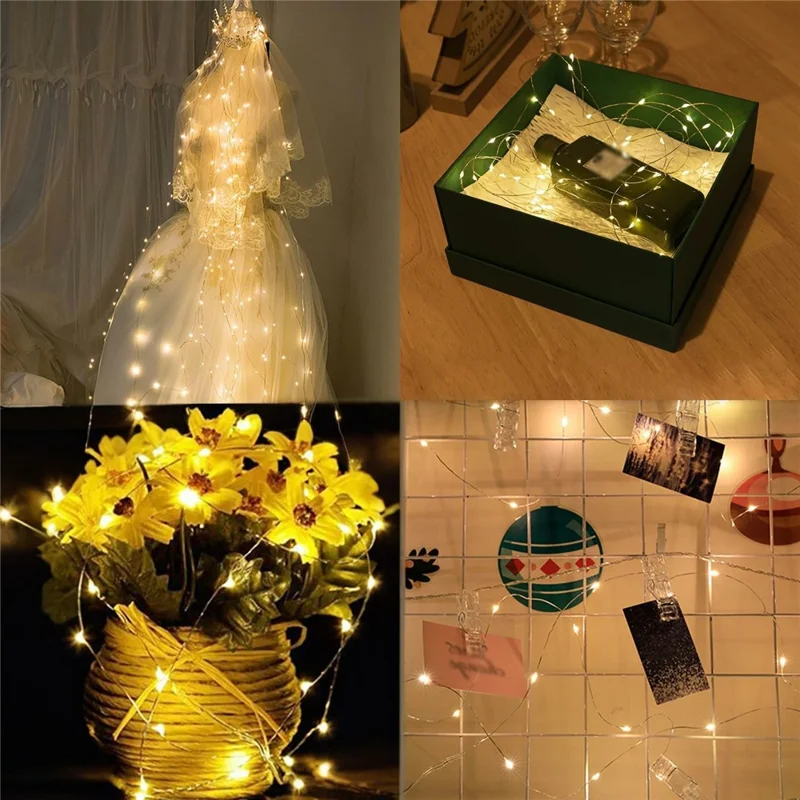 10 pièces de guirlandes lumineuses en fil de cuivre fonctionnant avec piles bouton 2 m 20 LED, lampe féerique pour décoration DIY - blanc chaud