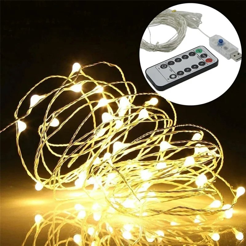 10 m, 100-LED, USB-betriebene Kupferdraht-Lichterkette mit Fernbedienung, 8 Modi, Timer, Feenlichterkette für Weihnachten, Party, Wohnraumdekoration – Warmweiß