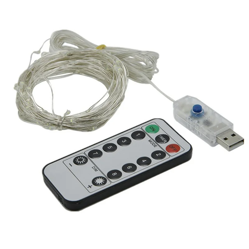 10 m, 100-LED, USB-betriebene Kupferdraht-Lichterkette mit Fernbedienung, 8 Modi, Timer, Feenlichterkette für Weihnachten, Party, Wohnraumdekoration – Warmweiß