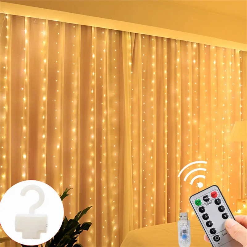 Lumières en rideau 6x3 m 600 LED, guirlande lumineuse avec télécommande USB et crochets pour chambre, Noël - blanc chaud