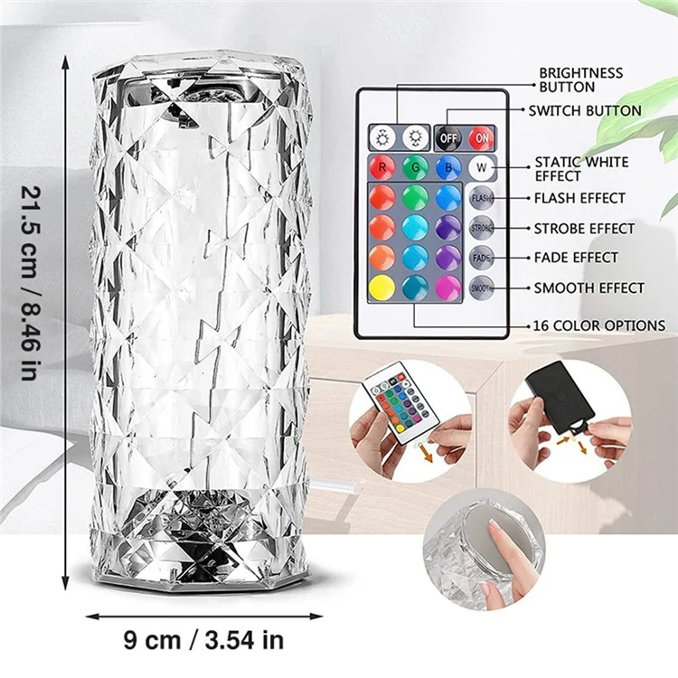 RS-ZSTD Size L Crystal Lamp 16 Color Changing RGB Night Light USB Charging Romantic LED Rose Shape Diamond Texture Table Lamp with Touch APP Remote Control
