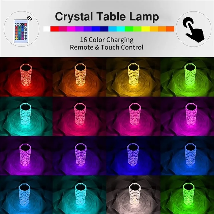 RS-ZSTD Size L Crystal Lamp 16 Color Changing RGB Night Light USB Charging Romantic LED Rose Shape Diamond Texture Table Lamp with Touch APP Remote Control