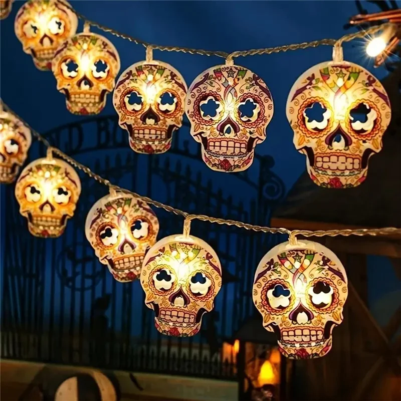 Luzes de Cordão para Halloween 3 m com 20 LED, Caveira Pintada Branco Quente, Decoração para Festa, 2A Ligado Continuamente