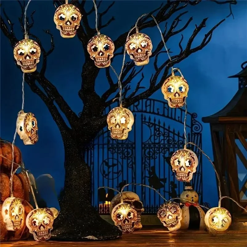 Luzes de Cordão para Halloween 3 m com 20 LED, Caveira Pintada Branco Quente, Decoração para Festa, 2A Ligado Continuamente