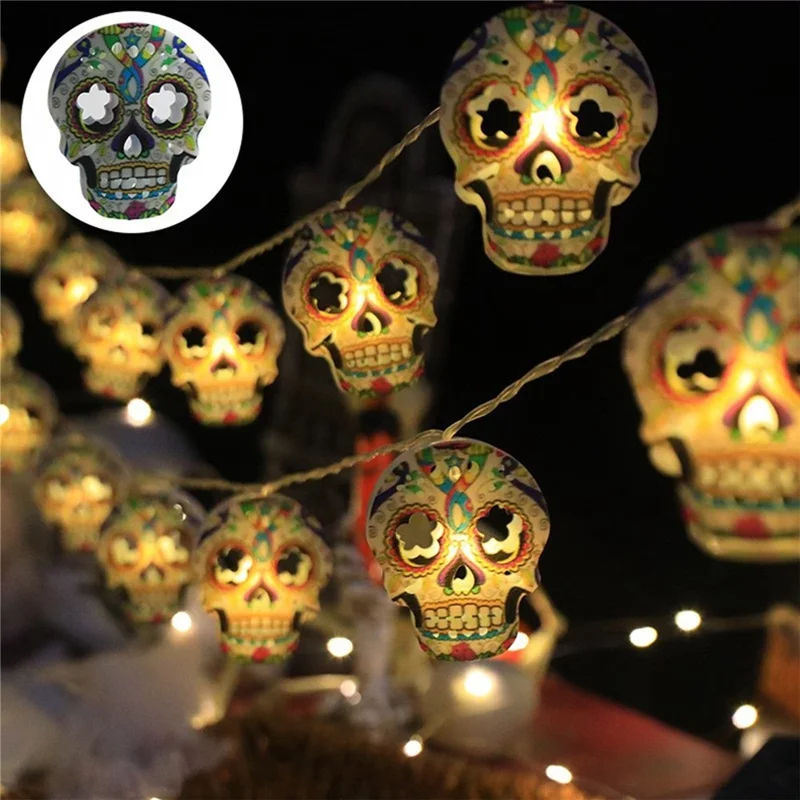 Luzes de Cordão para Halloween 3 m com 20 LED, Caveira Pintada Branco Quente, Decoração para Festa, 2A Ligado Continuamente
