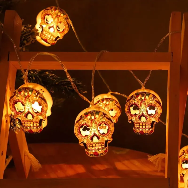 Luzes de Cordão para Halloween 3 m com 20 LED, Caveira Pintada Branco Quente, Decoração para Festa, 2A Ligado Continuamente