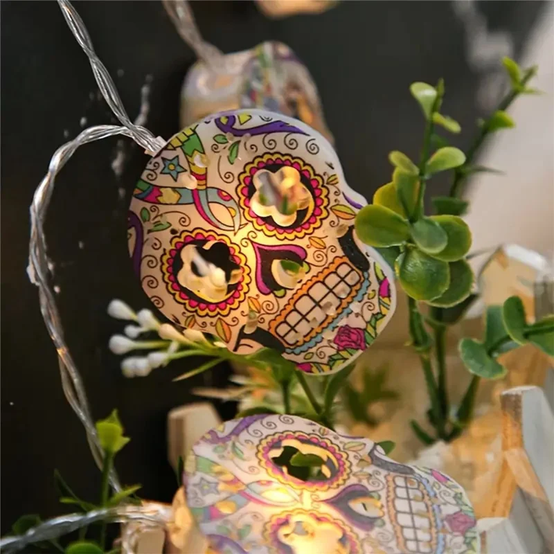 Luzes de Cordão para Halloween 3 m com 20 LED, Caveira Pintada Branco Quente, Decoração para Festa, 2A Ligado Continuamente