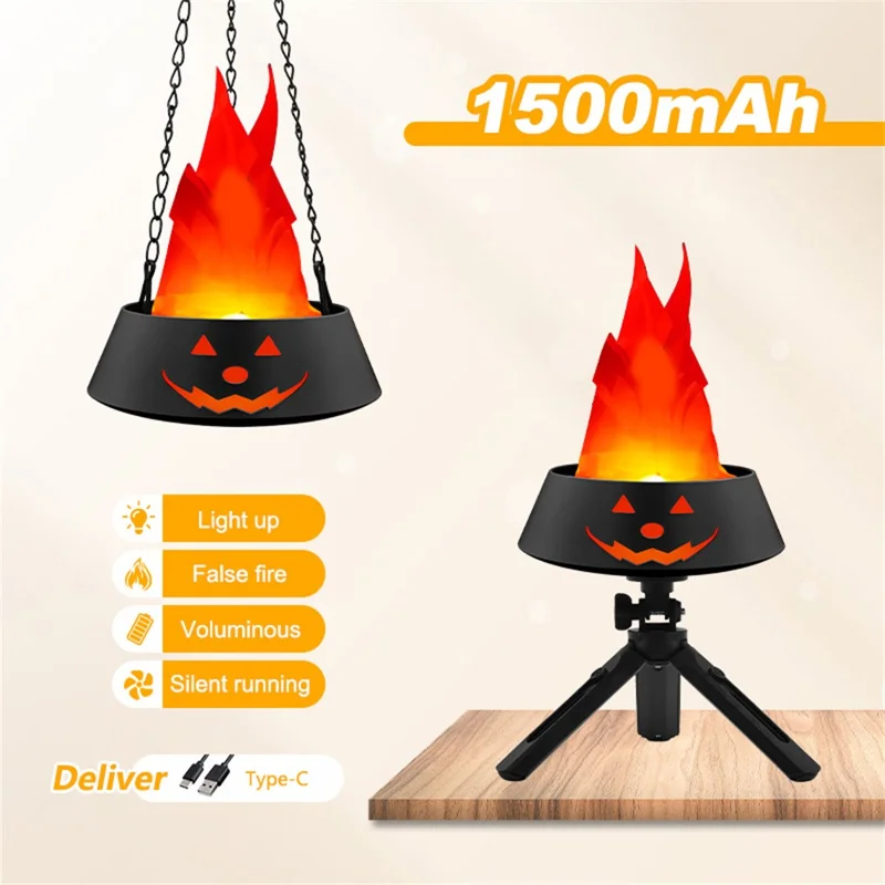 HZ-K02 Simulation Flame LED Lamp 1800mAh Rechargeable Halloween Pumpkin Firepit Light - Black