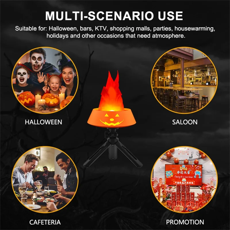 HZ-K02 Simulation Flame LED Lamp 1800mAh Rechargeable Halloween Pumpkin Firepit Light - Black
