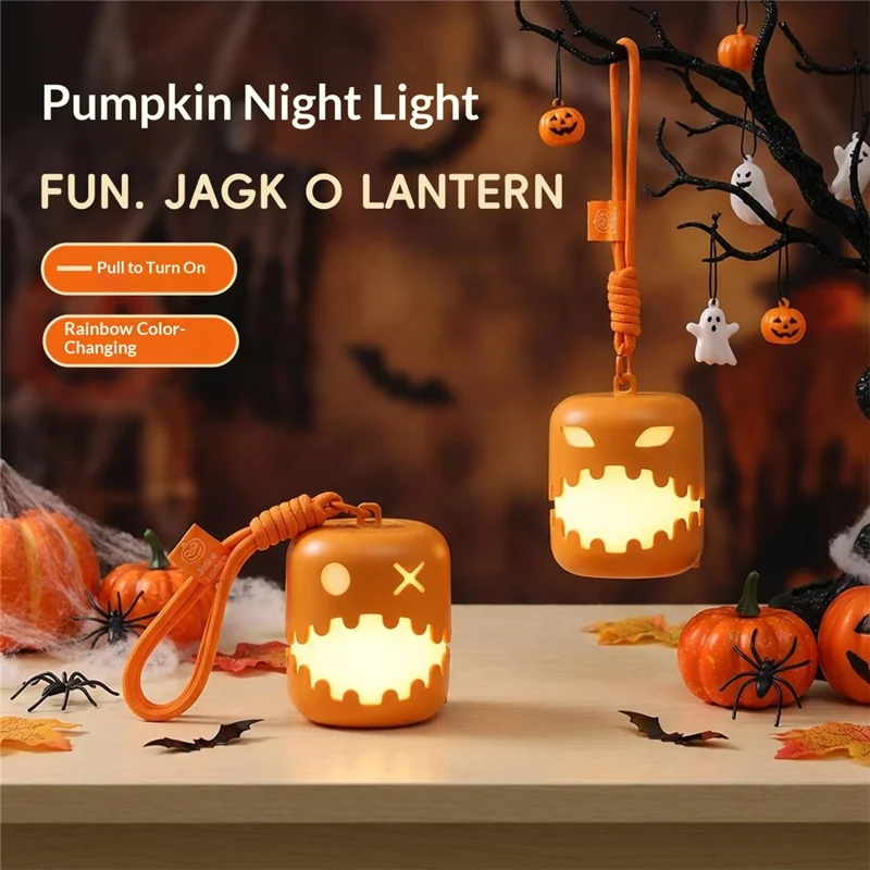 HZ-K10 Halloween Pumpkin LED Night Light 7-Color RGB Rechargeable Lantern with Pull Cord