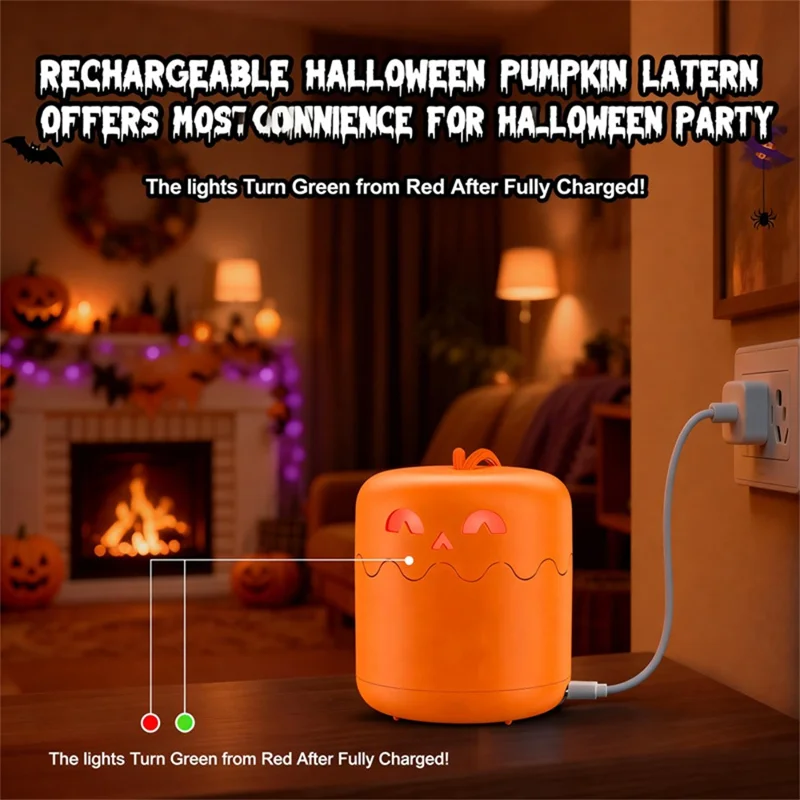 Halloween Pumpkin Lantern Retractable LED Night Light 1800mAh Type-C Rechargeable - Orange