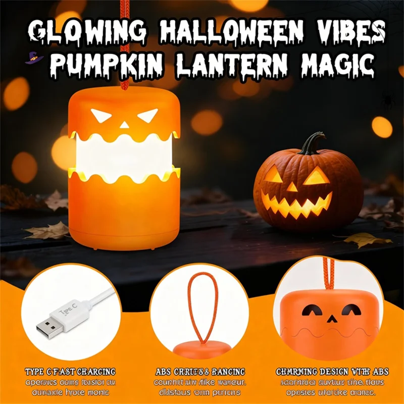 Halloween Pumpkin Lantern Retractable LED Night Light 1800mAh Type-C Rechargeable - Orange