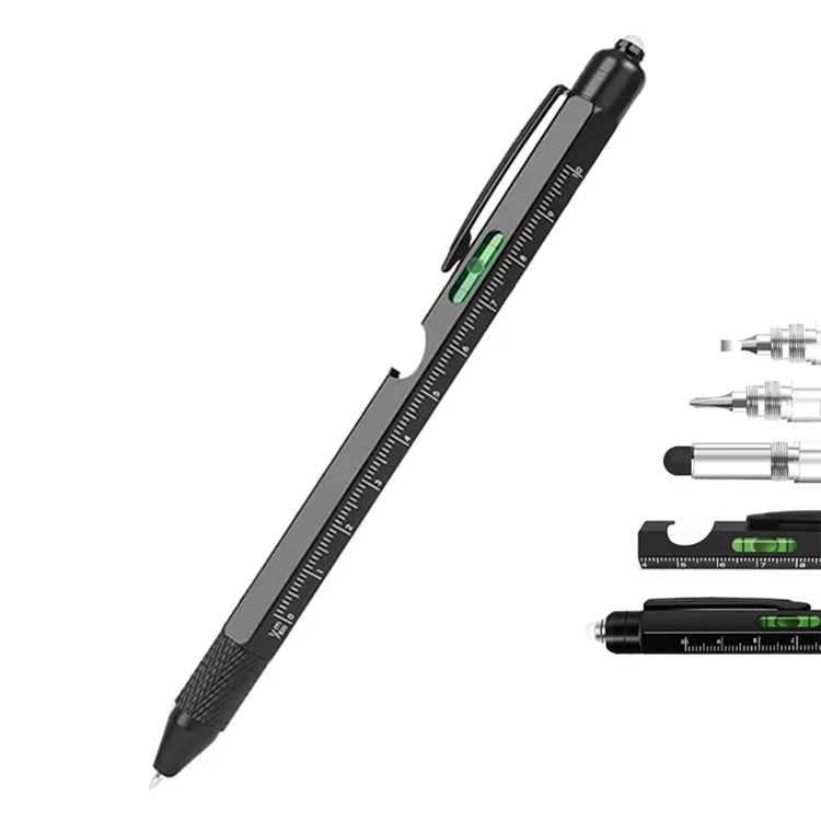 JBP-248 Conjunto de Caneta Multifuncional de 9 em 1 para Homens, Caneta de Metal com Toque Capacitivo, Luz LED, Chave de Fenda, Régua, Nível de Bolha, Abridor de Garrafas - Preto