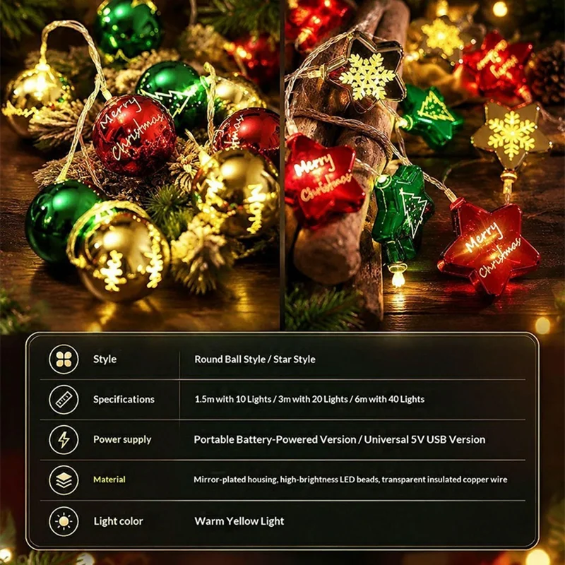 3m 20 LEDs Christmas LED String Lights Mirror Electroplated Warm Yellow Light Transparent Copper Wire Decorative Lights - Electroplated Bell (USB Version)