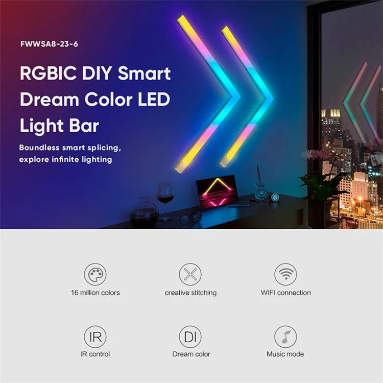 FWWSA8-23-6 6PCS Color Changing Wall Light Bar WiFi Smart LED DIY RGBIC Lamp Home Decoration - EU Plug