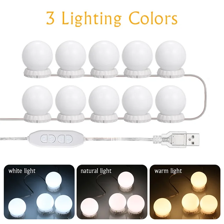 LED Vanity Lights for Mirror 10 Dimmable Bulbs Vanity Mirror Lights Kit 3 Color Modes USB Makeup Lights