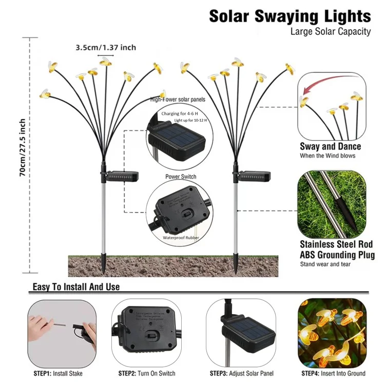 2 Peças de Luz de Jardim Solar Outdoor Bee Style, à Prova de Água