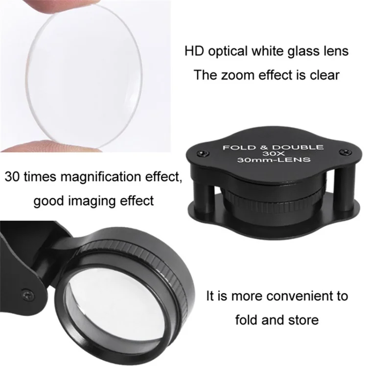 Lente de vidrio óptico de 30 mm Lupa 30X Lupa para joyería Identificación Lupa plegable