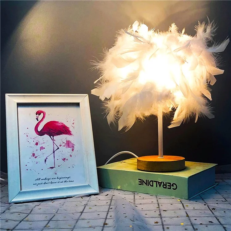 TA-019 Feather Lampshade Table Lamp Bedside LED Light Bedroom Desk Night Light Home Decoration for Sleeping, Reading - White