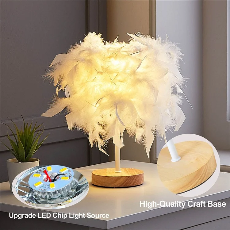 TA-019 Feather Lampshade Table Lamp Bedside LED Light Bedroom Desk Night Light Home Decoration for Sleeping, Reading - White