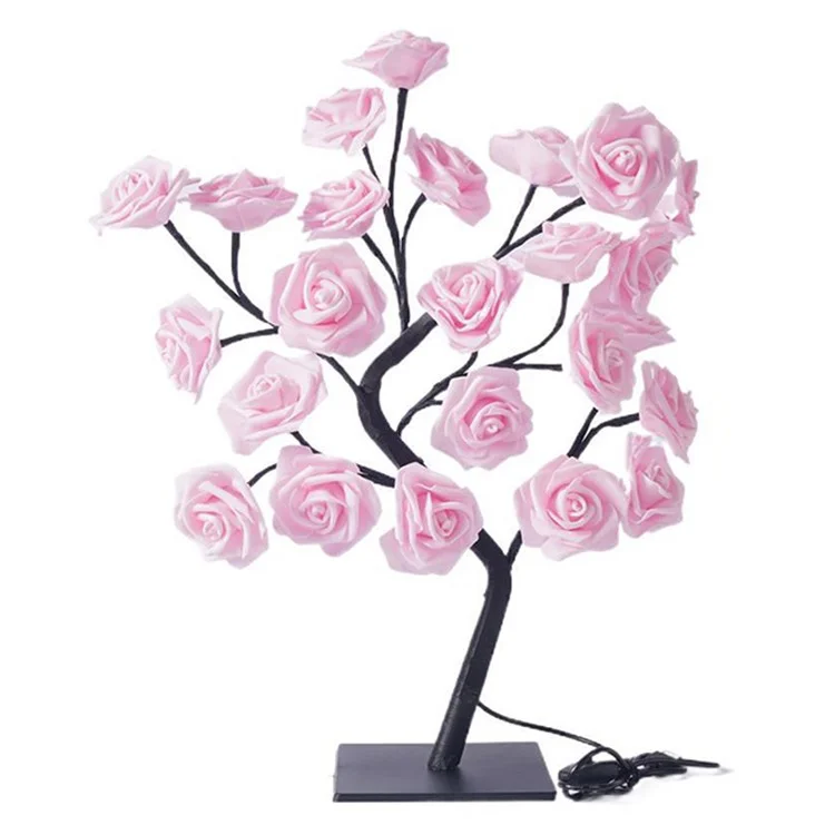 Fiore di rosa artificiale a luce notturna LED alimentato USB in PP+resina Lampada decorativa con base rimovibile - Rosa