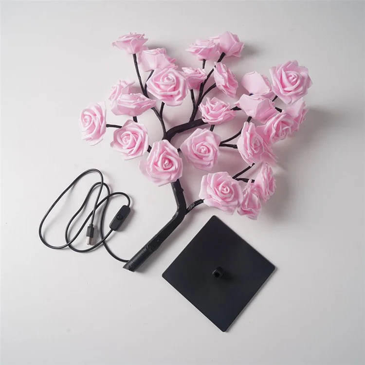 Fiore di rosa artificiale a luce notturna LED alimentato USB in PP+resina Lampada decorativa con base rimovibile - Rosa