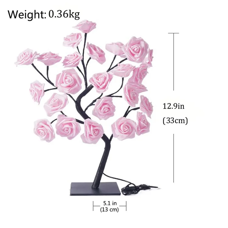 Fiore di rosa artificiale a luce notturna LED alimentato USB in PP+resina Lampada decorativa con base rimovibile - Rosa