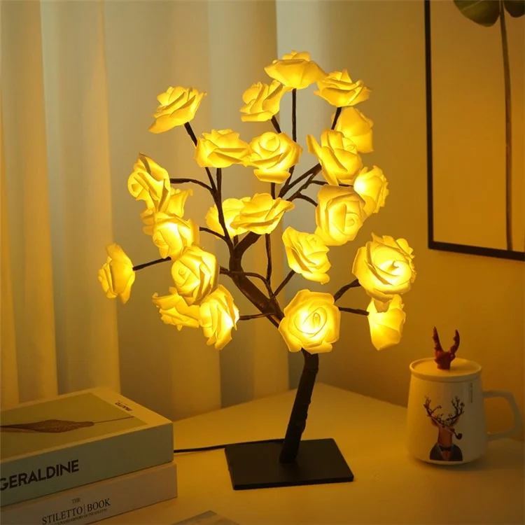 Fiore di rosa artificiale a luce notturna LED alimentato USB in PP+resina Lampada decorativa con base rimovibile - Rosa