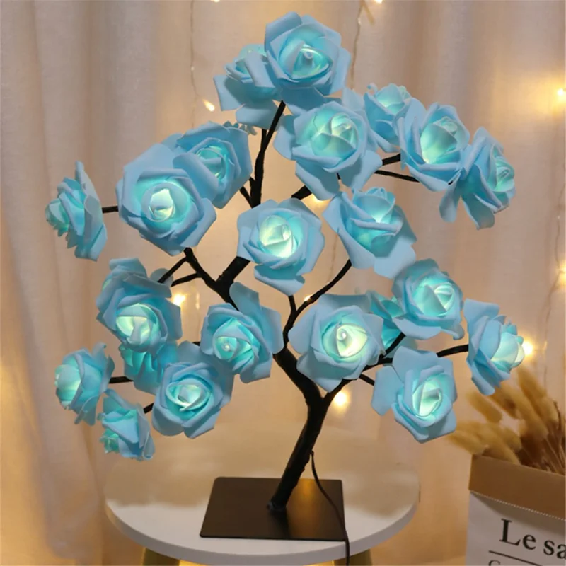 Artificial Rose Flower LED Night Light USB Powered PP+Resin Decorative Lamp Gift with Detachable Base - Blue Rose