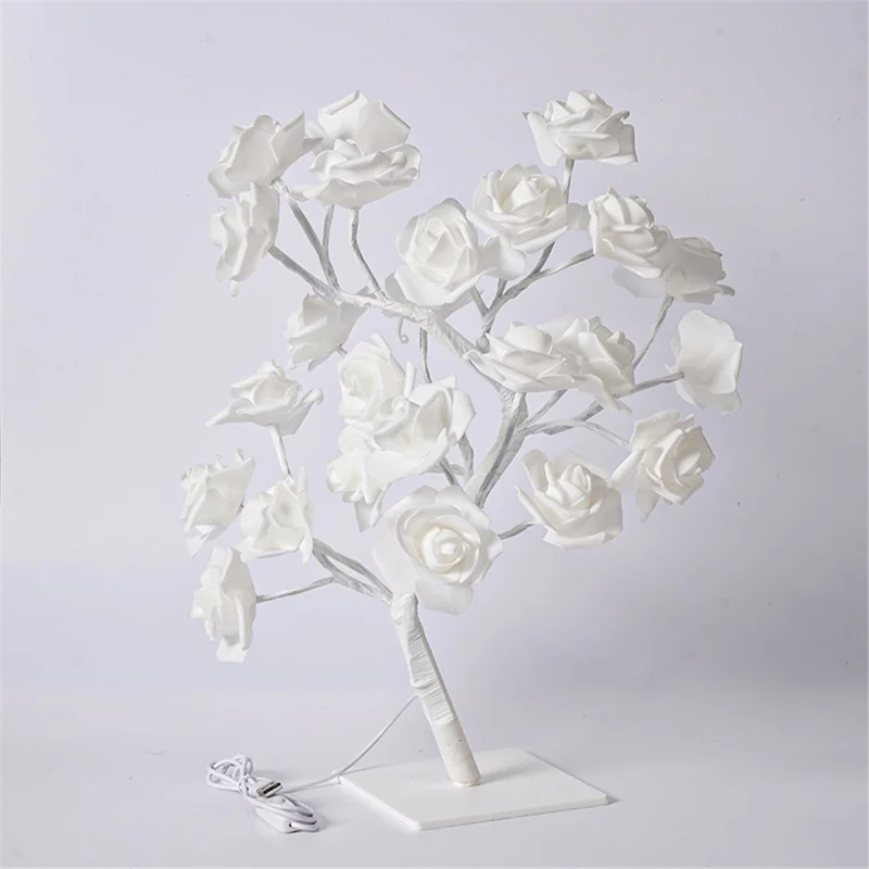 Artificial Rose Flower LED Night Light USB Powered PP+Resin Decorative Lamp Gift with Detachable Base - White Rose