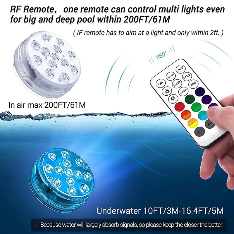 RF Underwater Diving LED Light with Magnet for Pool Aquarium Fountain Pond Decorative Lamp (2 Remote Control + 2 Lights)