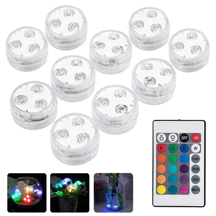 10Pcs Colorful 3-LED SMD5050 Submersible Light Remote Control Swimming Pool Underwater Lamp