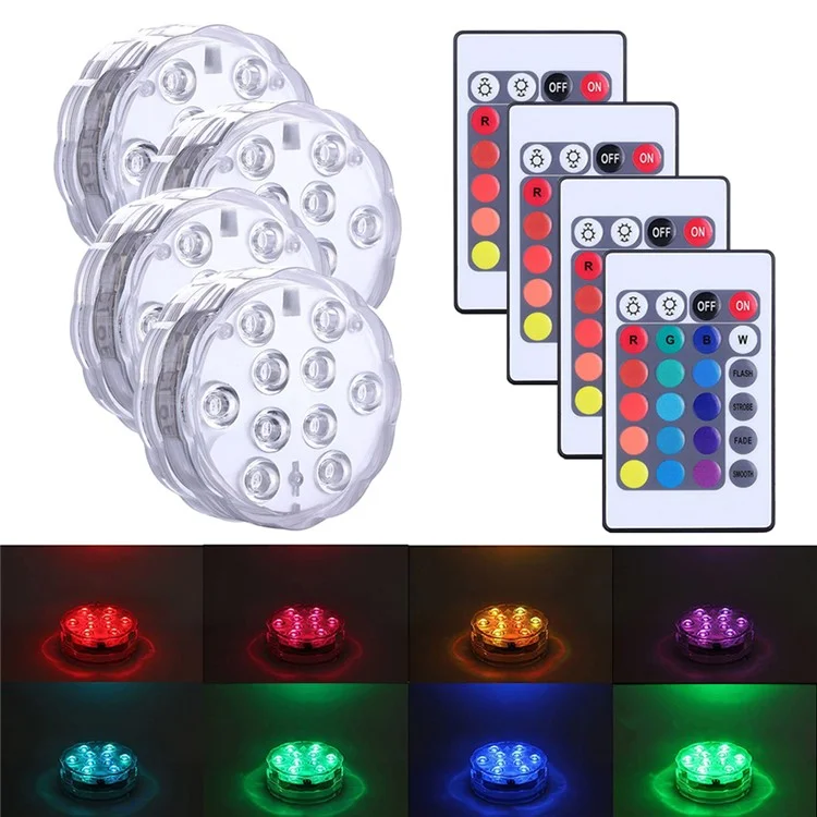 4Pcs IP68 Waterproof 10-LED RGB Submersible Lamp Underwater Pool Light, with 4 Remote Control