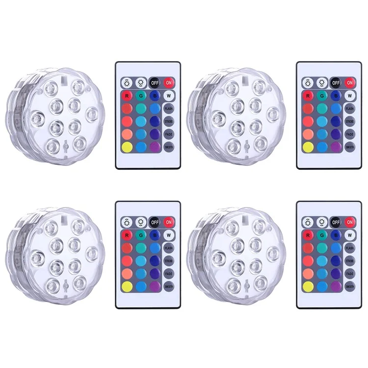 4Pcs IP68 Waterproof 10-LED RGB Submersible Lamp Underwater Pool Light, with 4 Remote Control