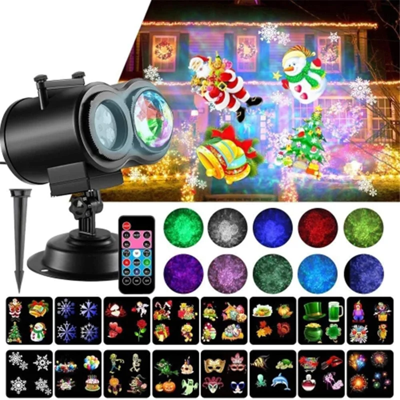 Dual Water Pattern Christmas Projection Lamp Indoor Decorative Projector Light with 16 Cards - US Plug